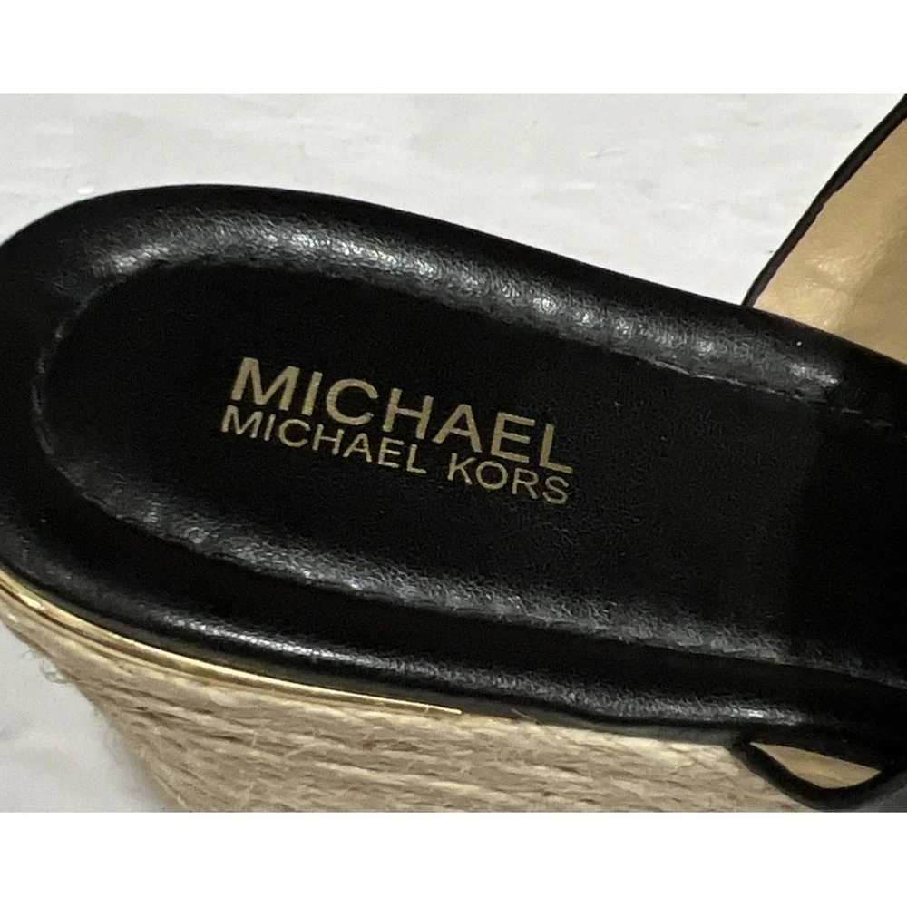 Michael Kors Cunningham Black Leather Platform Wedge Heel Jute Logo Open Toe 8.5